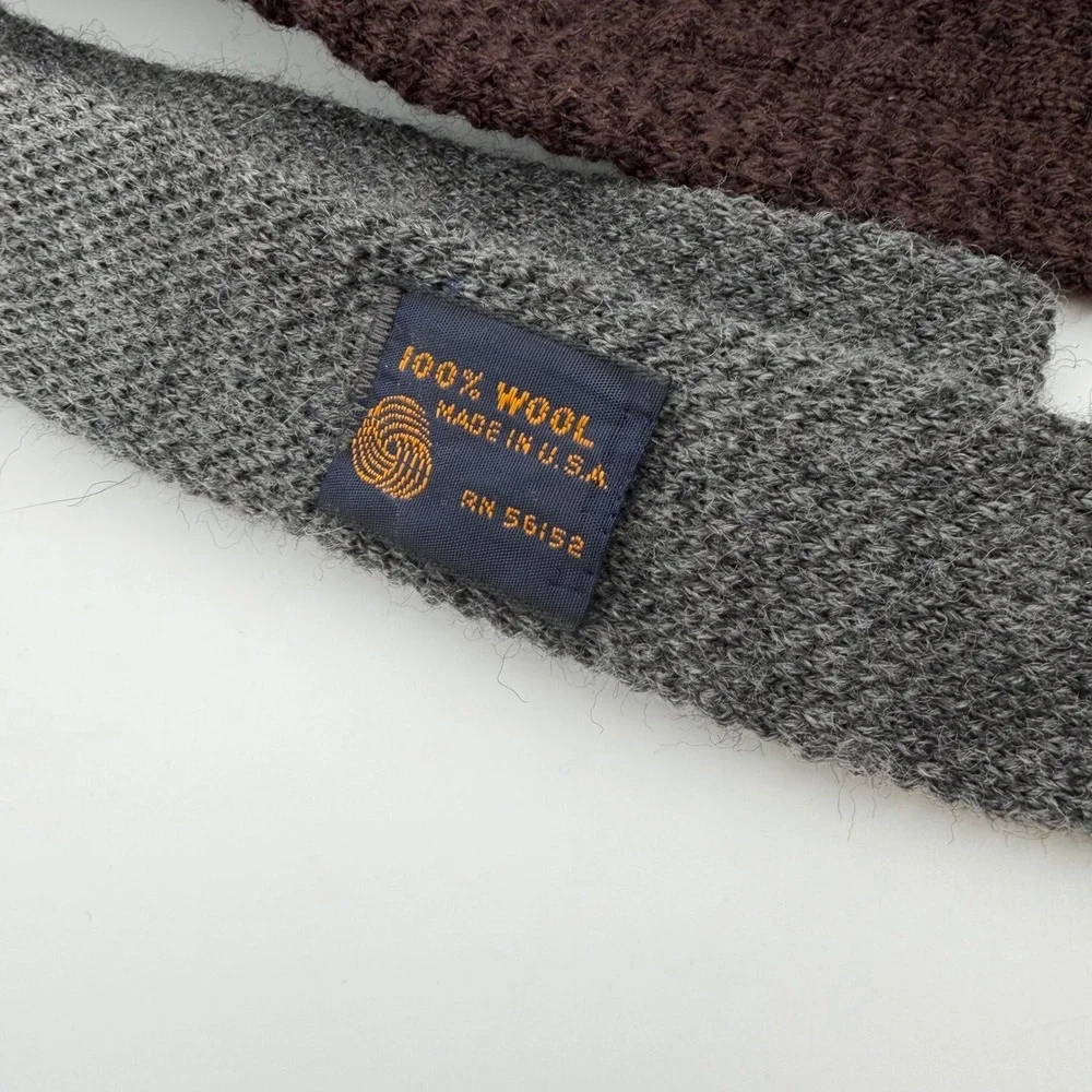 Lot of 2 Vintage 70s Knit Wool Square Ties Gray Brown Made in USA Mens Retro